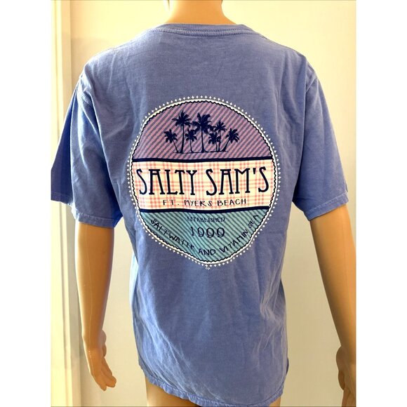Salty Sam's T-Shirt Mens Small Fort Myers Beach Cotton Unisex Blue Made In India - Picture 3 of 6